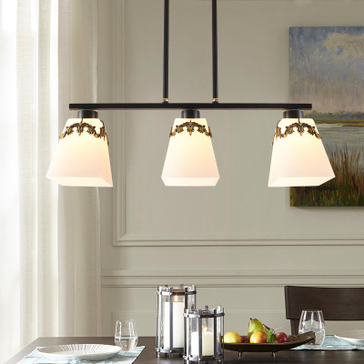 美式全铜餐厅吊灯 简约创意个性饭厅餐厅灯具LED三头玻璃餐吊灯