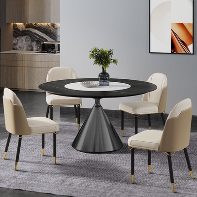 意式轻奢岩板餐桌简约现代家用圆形多功能带转盘岩板圆桌吃饭桌子