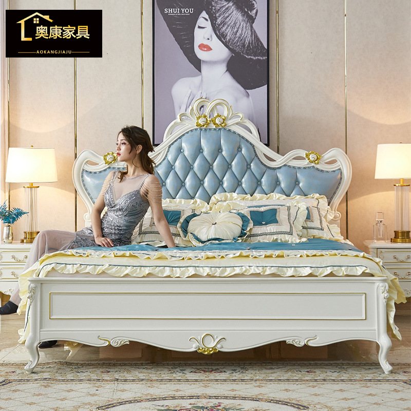 欧式实木床白色现代简约1.8米双人主卧床1.5米美式皮床简欧公主床