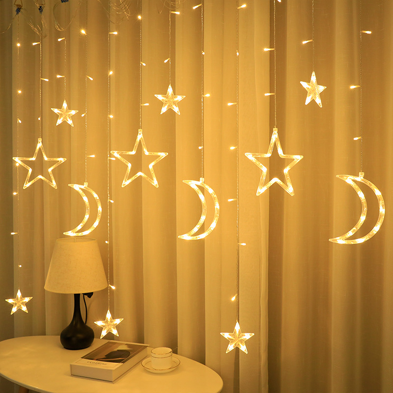 跨境热销彩灯星星月亮窗帘灯春节装饰LED高低不一星星月亮窗帘灯