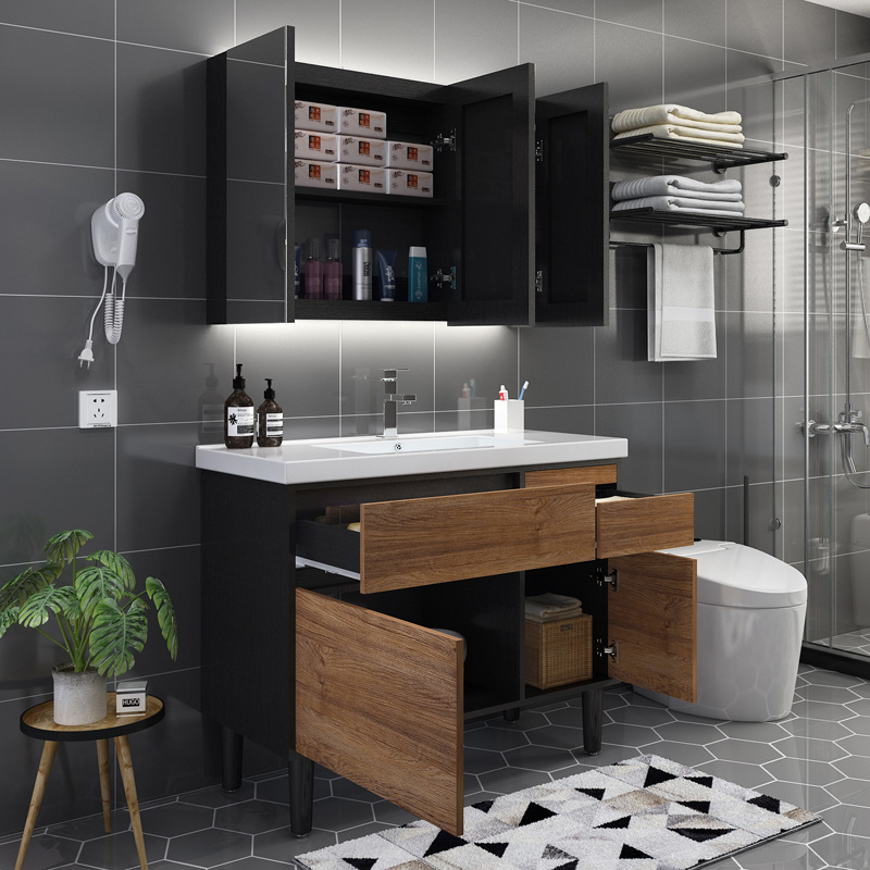 北欧现代简约轻奢智能镜柜实木浴室柜组合落地卫生间洗脸洗手盆柜