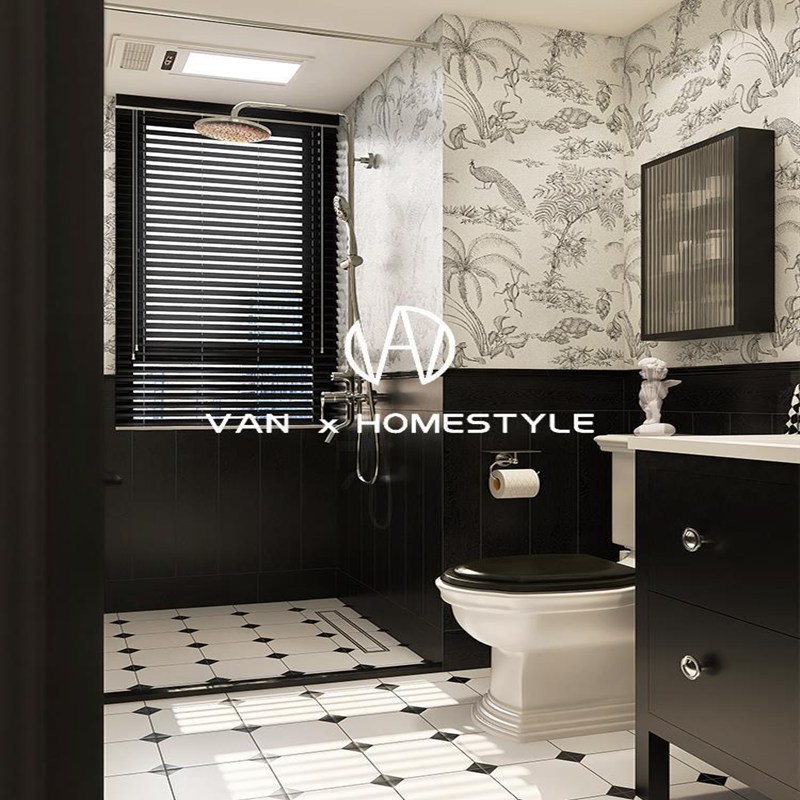 新款 复古卫生间瓷砖小花砖 法式黑白浴室厨房墙砖厕所洗手间地砖图1