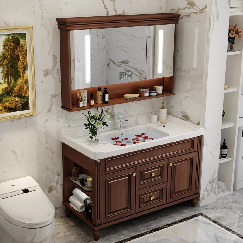 智能镜柜一体陶瓷盆美式浴室柜新中式实木卫浴柜岩板一体洗 脸盆柜图1