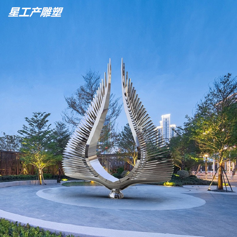不锈钢羽翼雕塑镜面抽象翅膀摆件售楼中心水景装饰摆件不锈钢雕塑