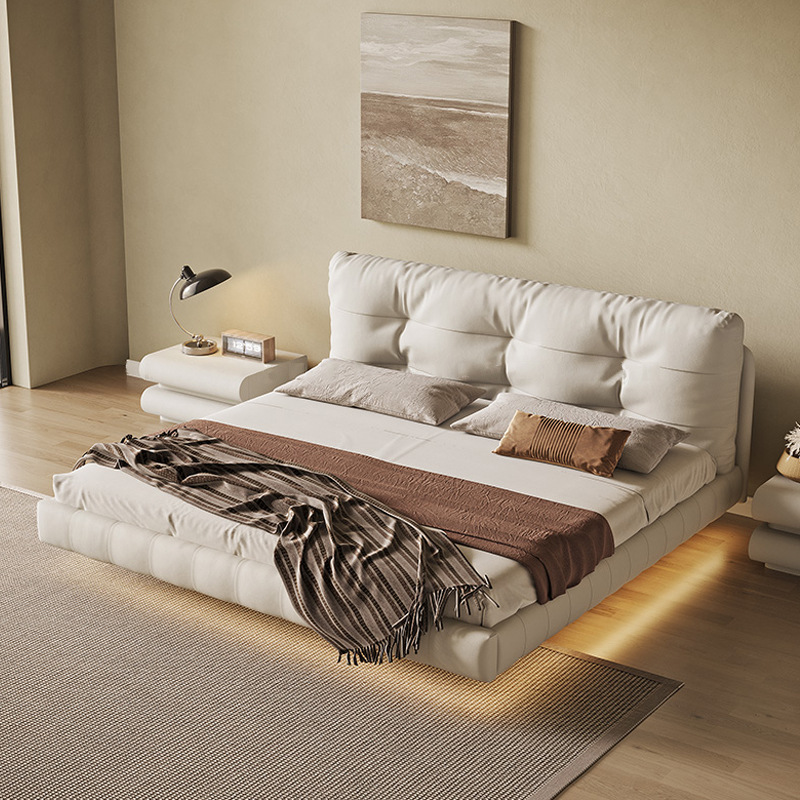 轻奢风真皮悬浮床卧室现代意式皮质简约网红实木软包仙女奶油风床