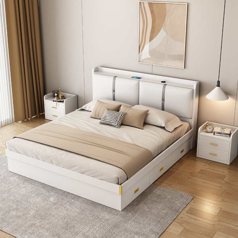 实木多层板床白色现代简约家用主卧双人床北欧气动高箱储物收纳床