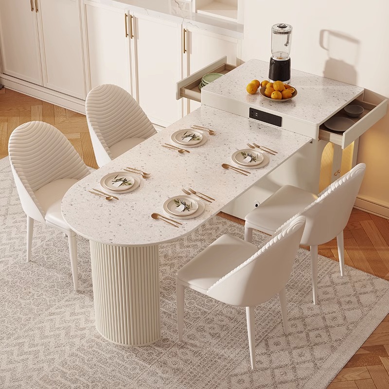 可伸缩岛台岩板餐桌一体轻奢椭圆形家用法式高端网红饭桌椅奶油风