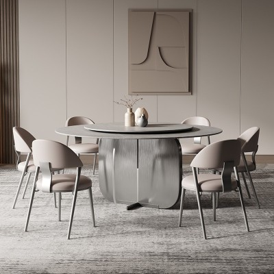 意式轻奢亚克力岩板餐桌椅组合家用现代简约设计师圆桌带转盘饭桌