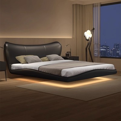 皮床现代简约极简床异型灯带悬浮床主卧家用Leather bed外贸