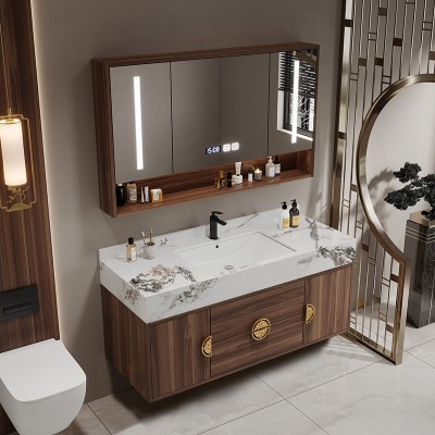 卫生间实木新中式浴室柜组合岩板洗手池脸盆柜现代简约智能洗漱台图1