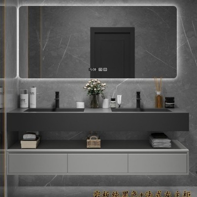 轻奢岩板无缝陶瓷盆一体盆实木浴室柜组合洗漱洗脸洗手台卫 浴厂家图3