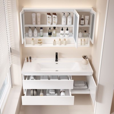 现代智能浴室柜组合陶瓷一体盆实木镜柜简约卫生间洗漱洗手台套装图2