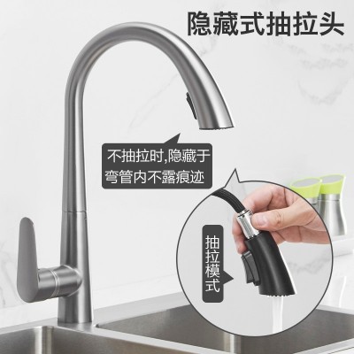 厨房水槽水龙头全铜冷热隐藏式抽拉头枪灰色旋转洗菜盆洗碗池龙头图5