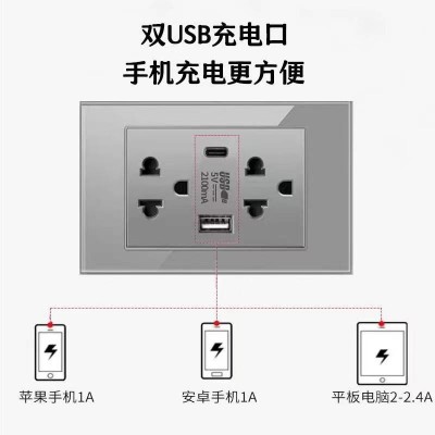 开关插座面板美规灰色钢化玻璃六孔USB+type-c锡磷青 铜美式墙壁插图2