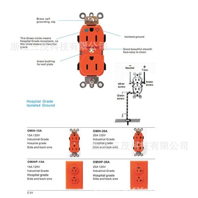 橘色墙壁插座 美式标准隔离接地插座 可用医院级插座现货供应图2