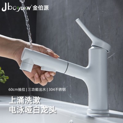 304不锈钢水镀哑白色抽拉式漱口多功能面盆冷热水龙头卫生间浴室图2