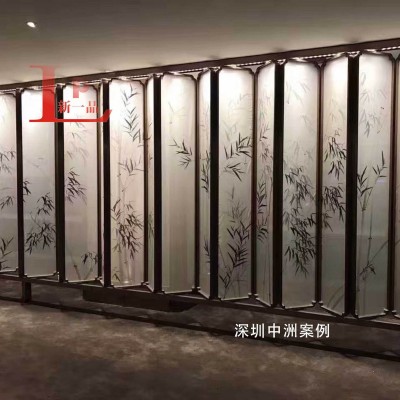 不锈钢绢画酒店大堂隔断丝绸画不锈钢屏风金属屏风丝绸纱画屏风