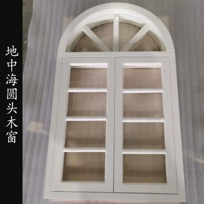 原木窗户地中海风格圆弧木窗田园对开窗中式民宿改造仿古玻璃木窗图1