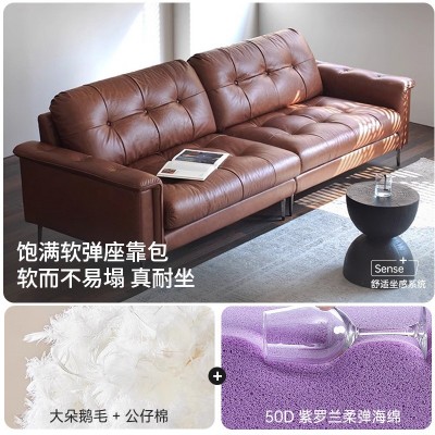 复古油蜡真皮星云沙发中古风客厅小户型三人直排意式极简皮艺沙发图3