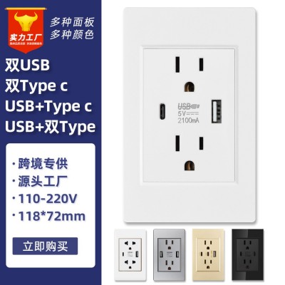 118型15A美规110V插座双联美标美式Type c充电USB电源面板20 W快充