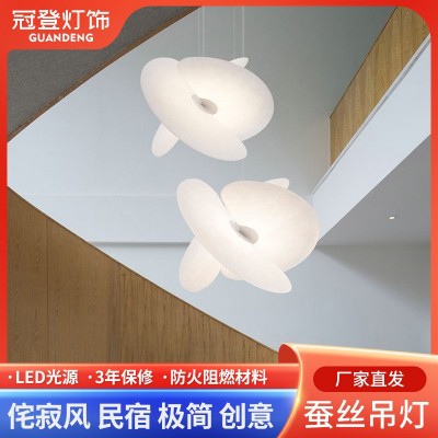 日式复古蚕丝餐厅吊灯侘寂风三片叶子客厅灯新中式民宿卧室餐厅灯图3