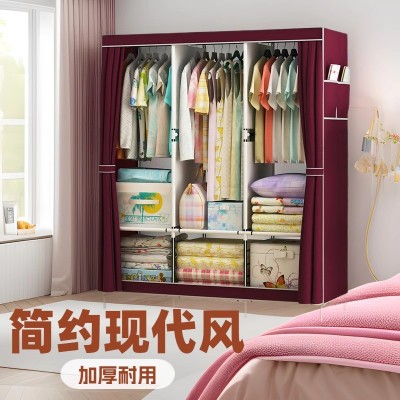 简易衣柜防尘收纳双人帘子大衣柜钢架组装挂衣厨宿舍挂衣架带门帘