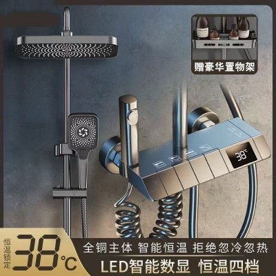 四季沐歌全铜淋浴花洒灰色套装数显恒温洗澡浴室喷头家用冷热增压图2