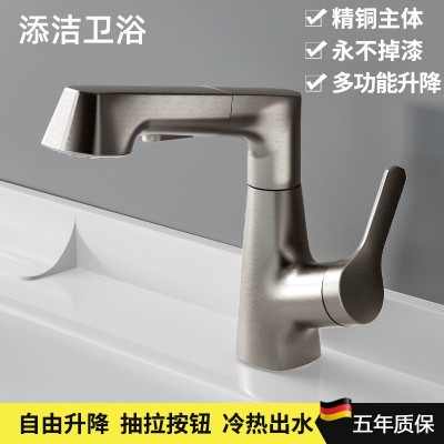 添洁枪灰色洗手洗脸盆冷热水龙头全铜卫生间升降抽拉式多功能龙头