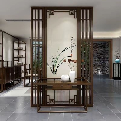 新中式仿木纹不锈钢屏风隔断正对门玄关茶室餐馆饭店商业遮挡定制图2