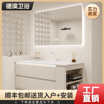 可丽耐一体盆意式极简实木浴室柜无缝盆感应灯洗漱台侧边开放格柜