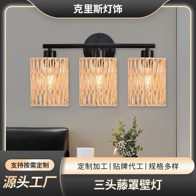 三头藤罩壁灯 跨境电商热采wall lamp壁灯多光源绳编灯罩